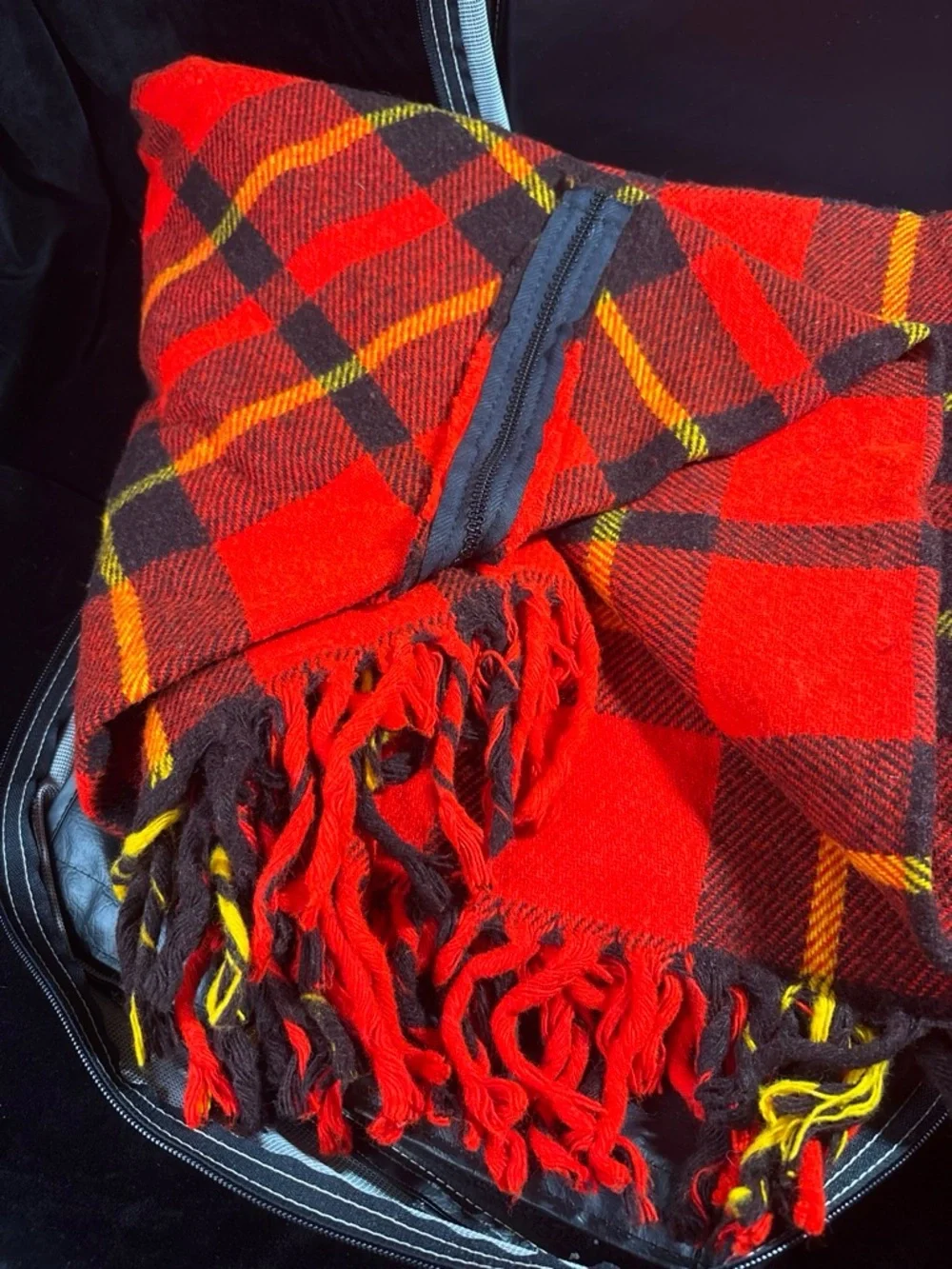 Vintage Plaid Stadium Blanket Cushion Bag Red Yellow Black Retro Tailgate